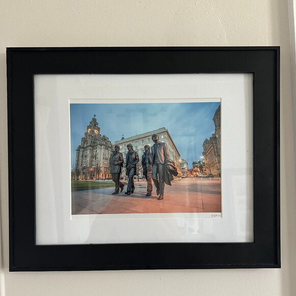 The Beatles "Statue At Dusk" Pier Head Liverpool Framed Print by John Johnson - Picture 1 of 8